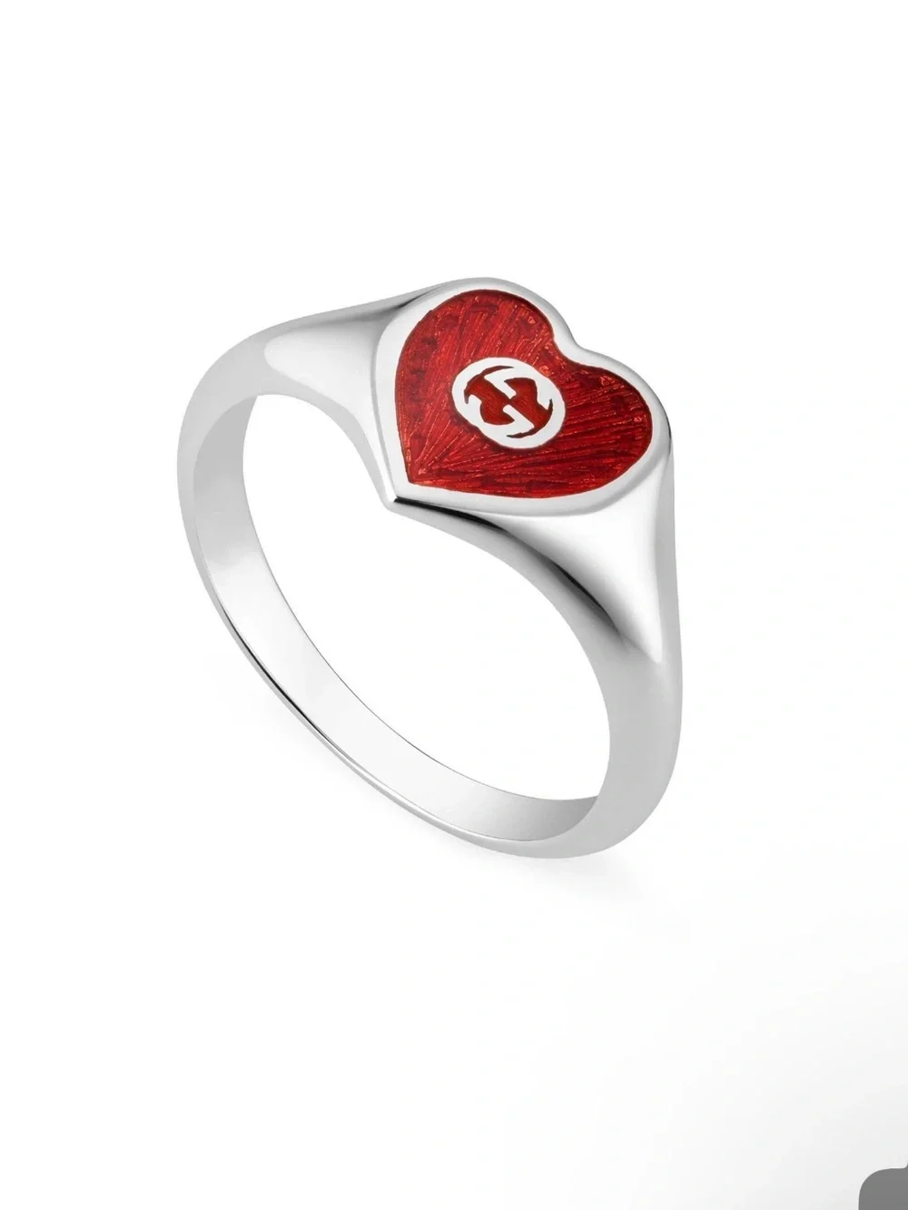 Gucci Interlocking G Red Enamel Heart Ring Size 6 (Gucci 12) Sterling Silver